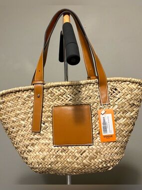 Vogue Natural Straw Tote with Tan Leather Trim